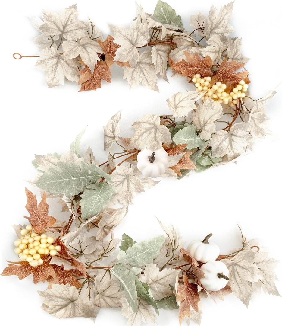 TonJin 1PCS Fall Garland, 6FT/180cm Autumn Maples Leaf Pumpkin Berry Garland Fall Decor Suitable for Thanksgiving Halloween Christmas Mantle Fireplace Farmhouse Harvest Decor