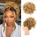 HOOJIH Curly Hair Bun, Elastic Drawstring Loose Wave Messy Bun 1PC Large Full Hair Bun Extension Hairpiece Short Synthetic Ponytail Extension for Women - Light Golden Blonde