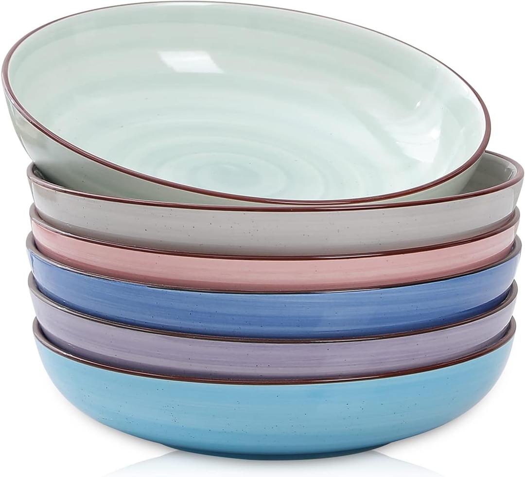 Selamica Porcelain 26 Ounce Salad Pasta Bowls, 8 inch Wide and Shallow Serving bowls, Microwave & Dishwasher Safe, Sturdy & Stackable, Set of 6, Gradient Color