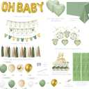 Sage Green Baby Shower Decorations,155 pcs Neutral Baby Shower Decor Supplies, welcome baby banner, Disposable "OH BABY" Balloon Arch, Paper Tassels, tablecloths