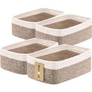 Small Storage Baskets for Organizing | Closet Organizer Bins | Shelf Toy Basket | Woven Rope Baskets | Cube Decorative Box | Shallow Basket | 13x8.5x5.1 | 4 Packs White Brown