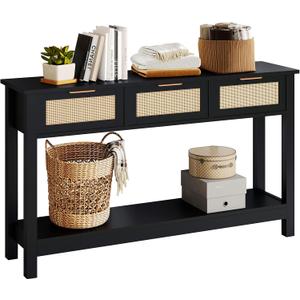 Luoxiao Entryway Table, 47" Rattan Console Tables with 3 Drawers, Narrow Hallway Table for Entryway with Storage Shelf, Slim Sofa Table Behind Couch, Modern Black Foyer Entry Way Table, Easy Assembly