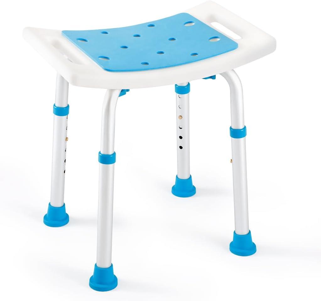 FSA/HSA Eligible Shower Stool 350lbs Bath Seat Chair, Tool-Free Assembly Height Adjustable Bath Bench with Padded Seat for Seniors, Elderly, Disabled, Handicap by Health Line Massage Products
