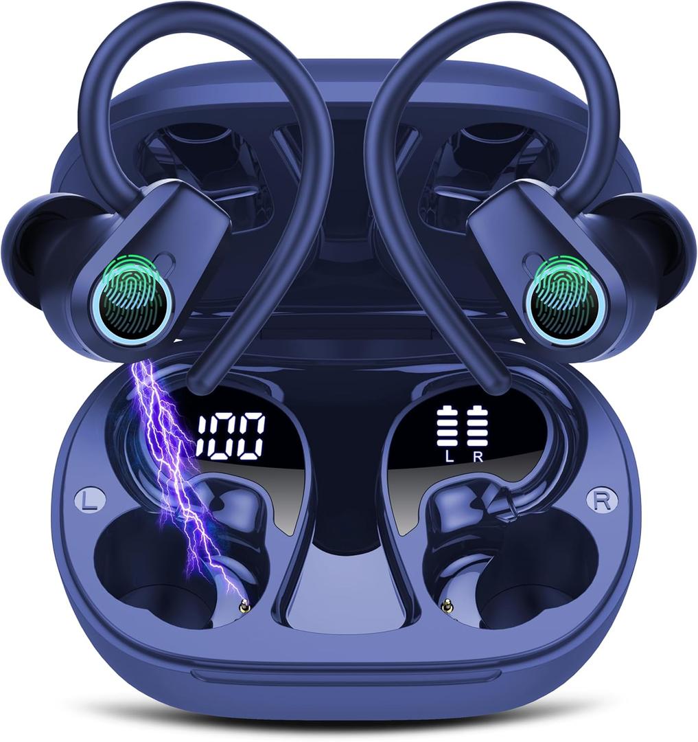 Wireless Earbuds Bluetooth 5.4 Headphones Sport, 50H Stereo Ear Buds Dual LED Display, 2025 Bluetooth Earbuds with 4 ENC Noise Canceling Mic, IP7 Waterproof Earphones with Earhooks for Running, Navy