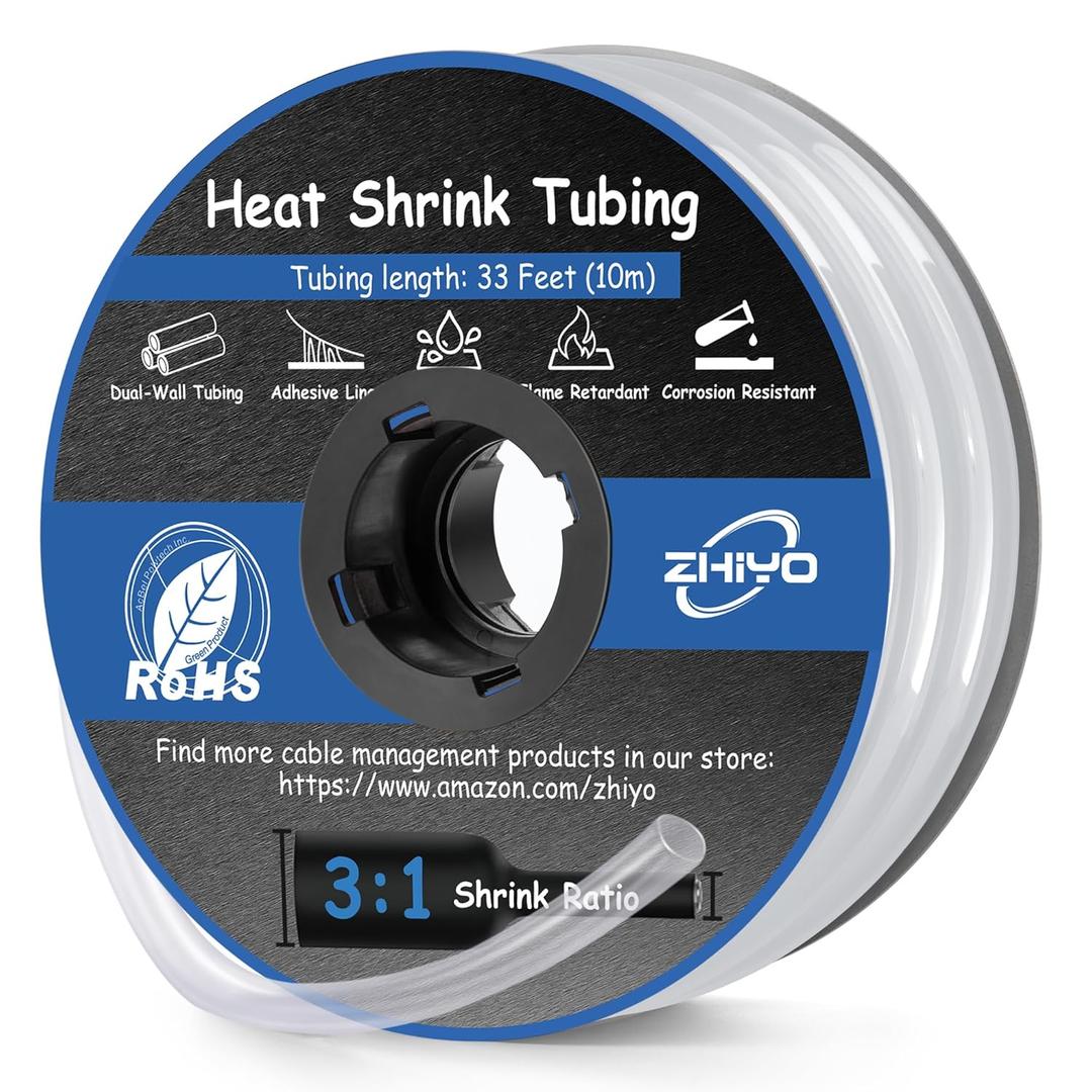 Heat Shrink Tubing 3/8 Inch, 3:1 Ratio Wires heat shrink tube, Dual Wall Adhesive-Lined Waterproof Shrink Wrap Tubing, 33FT Transparent Industrial and Marine Grade Heat Shrink Wrap