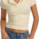 Women's Cowl Neck Tops Short Sleeve Slim Fit Ruched T-Shirts Summer Casual Dressy Business Blouses Going Out Top Beige (Beige)