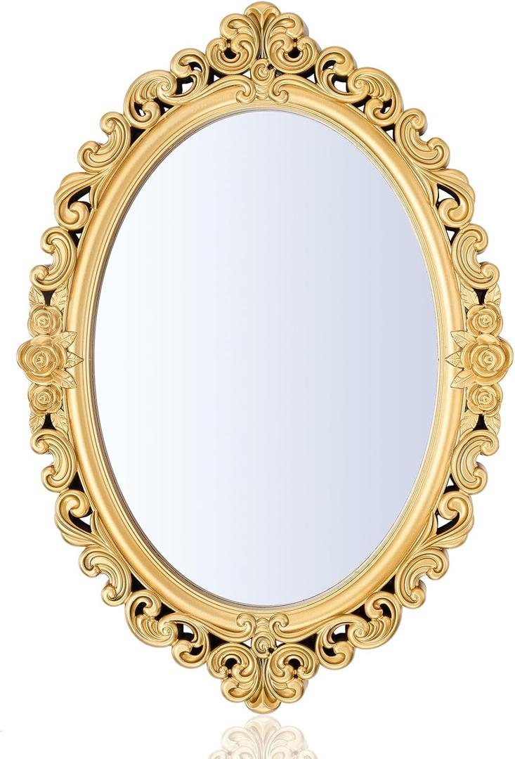 Oval Vintage Mirror 9 x 12.6 Inches Antique Retro Mirrors for Wall Small Decorative Hanging Mirror for Makeup Bedroom Living Room Dresser Tabletop Tray Victorian Wall Decor(Gold)
