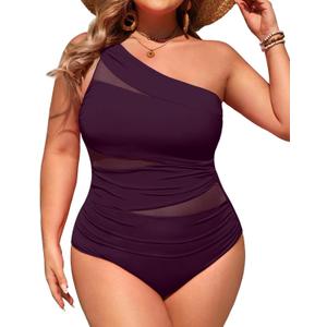 Aqua Eve Plus Size One Piece Swimsuit for Women Tummy Control Bathing Suits One Shoulder Swimwear Purple 16W