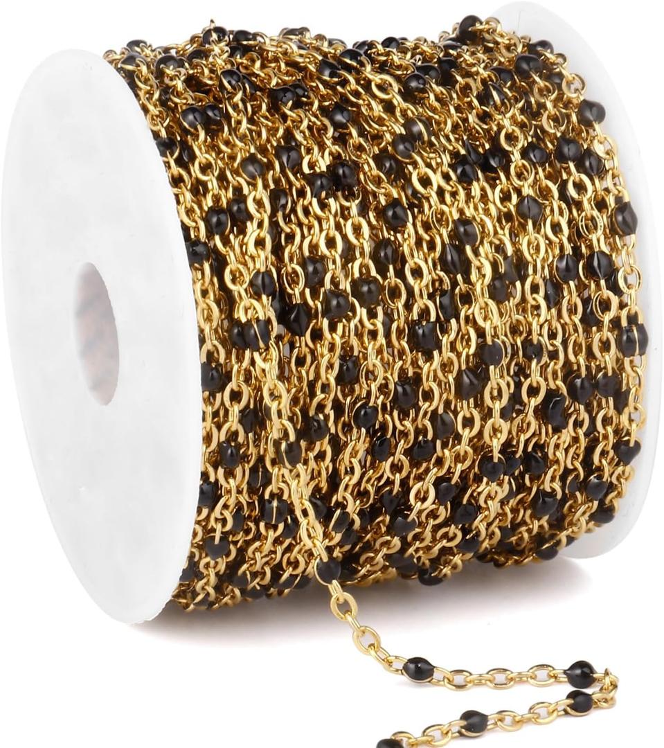 33 Feet Gold Enamel Chains Bulk, 2mm 18K Gold PVD Plated 304 Stainless Steel Black Enamel Beaded Cable Link Chain Roll Spool for Jewelry Making