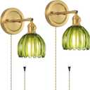 Plug in Vintage Wall Sconces Set of 2 Green Living Room Wall Lights with Tulip Glass Shade 180 Adjustable with Switch and 4.9FT Plug in Cord Art Fixtures Decor for Bathroom Hallway