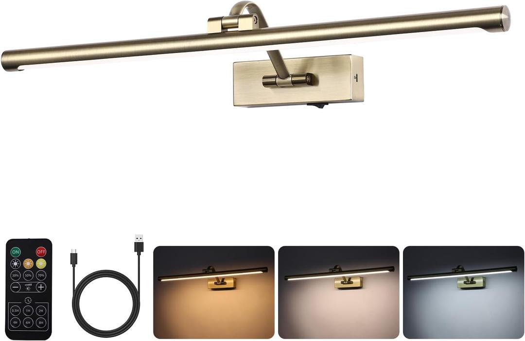 Antique Bronze LED Wireless Picture Lights for Wall Rechargeable, Battery Operated Art Light for Paintings, 3CCT Dimmable, 23.6 inch with Remote, Rotatable Gallery Light for Pictures Display, 24 Inch