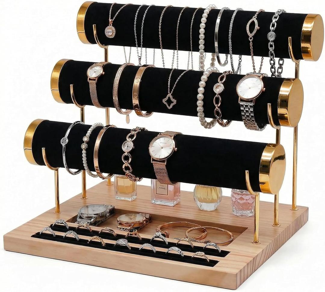 Three-Tier Bracelet Display Rack, Jewelry Display Rack. Multi-purpose Necklace Storage Rack, Watch, Bracelet, Ring and Other Jewelry Storage Rack with Tray