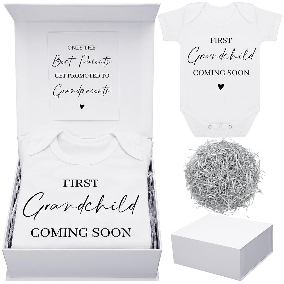 4 Pcs Pregnancy Announcement for Grandparents, First Grandchild Coming Soon Baby Bodysuit, Grandparents Pregnancy Reveal Card Baby Reveal Gift Box Baby Announcement Gifts Set for Grandparents