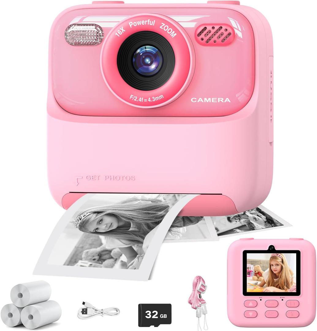 masterbee Kid Camera Instant Print Photo, Birthday Gifts for Girls and Boys, Kids Digital Camera Toys, 1080P HD Video, 3 4 5 6 7 8 9 10 11 12 Year Old Boy Gifts/Girl Gifts (Pink)