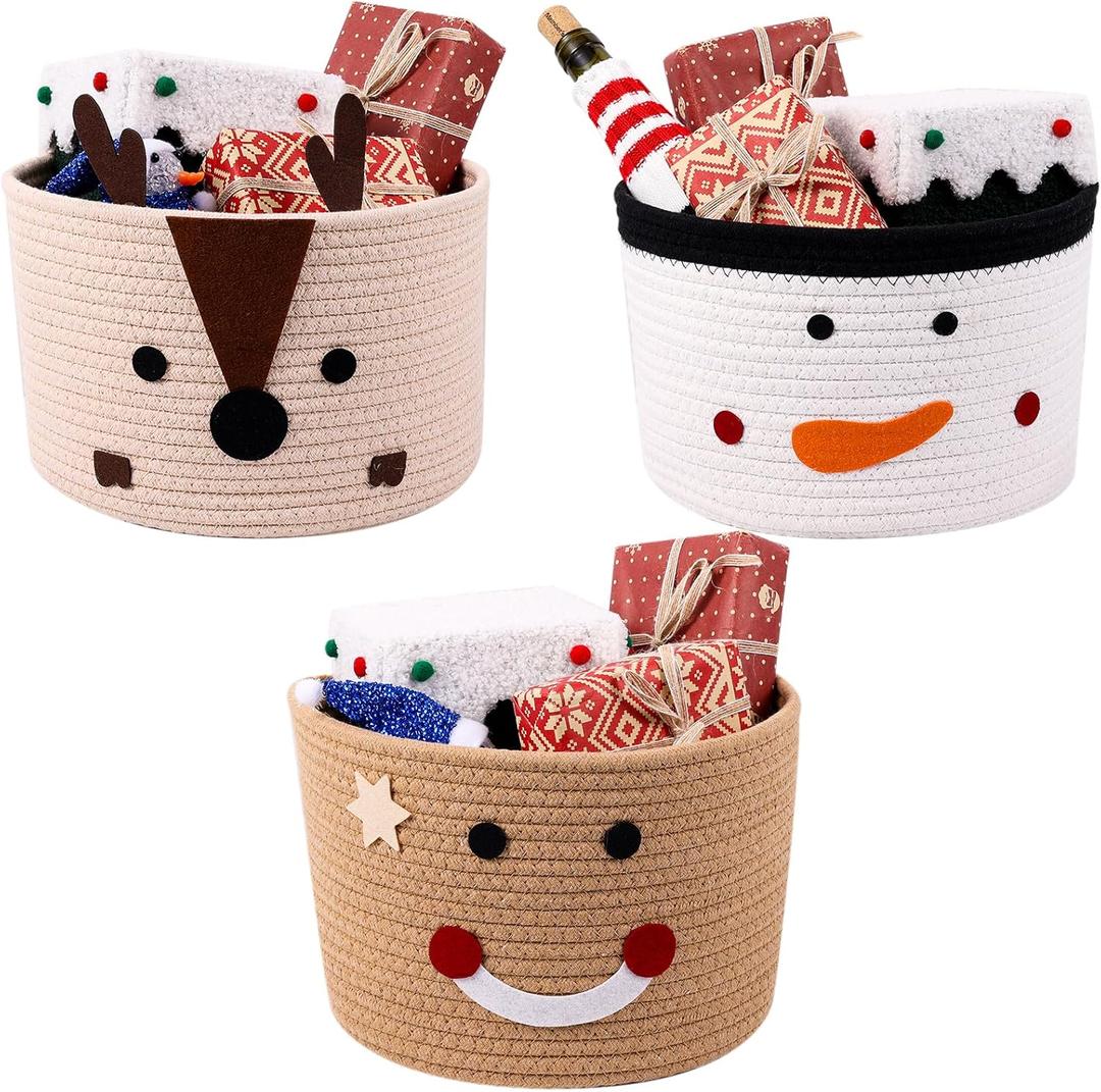 3 Pieces Christmas Woven Baskets Empty, 10.6*6.8inch Small Cute Designs Holiday Cotton Rope Baskets for Christmas Gift, Holiday Decor & Storage(Snowman + Gingerbread Man + Fawn)