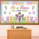 Easter Bunny Peeps Christian Bulletin Board Set He is Risen Christian Classroom Decoration Set Cross Candy Bunny Peeps Cutout for Teacher Sunday School Chalkboard Easter Classroom Door Wall Decor