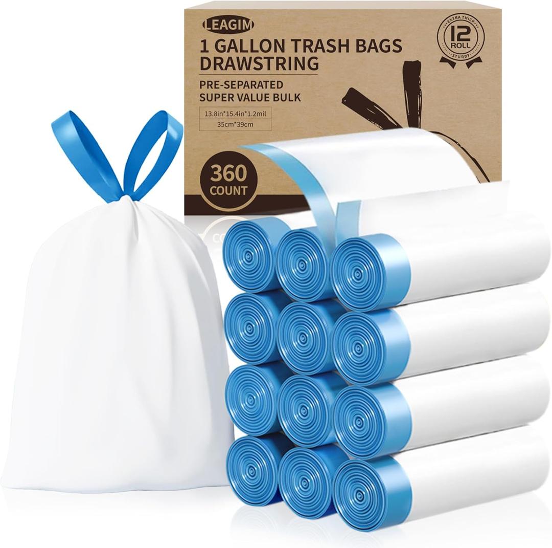 Small Trash Bags 1 Gallon, 360 Count -1.2 Mil Drawstring Mini Garbage Bags, White Plastic Trash Can Liners for Bathroom Accessories, 4 Liter, Bedroom, Dorm Room Essentials, Office