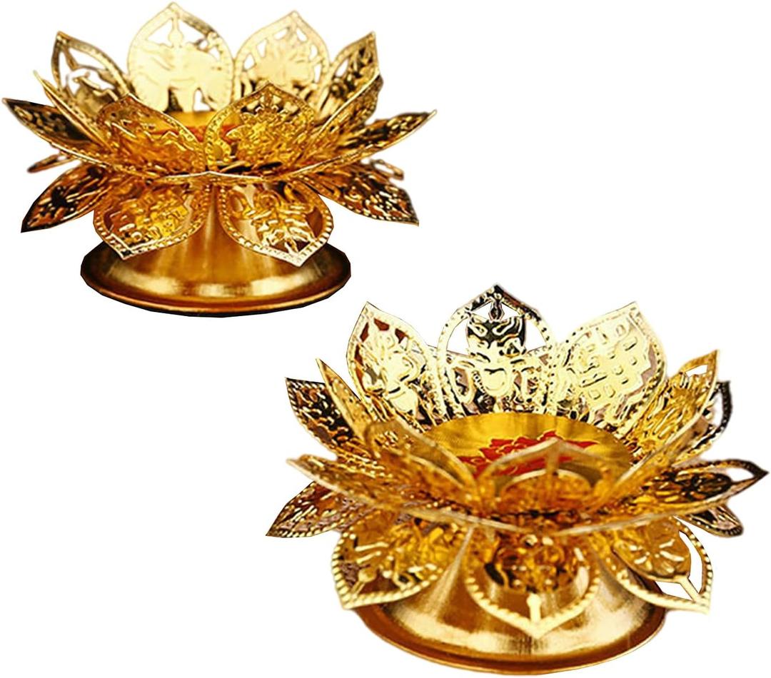 2 Pack Diwali Diya Vilakku for Pooja Ghee Lamp Tealight Candle Holder Indian Puja Oil Butterlamp Lotus Diya for Diwali Pooja Buddhist Altar Supplies for Temples Deepawali Decoration Gift