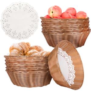 8 Pcs Round Large Plastic Bread Basket, Wicker Basket for Serving 10 x10 x3.3 Inch Woven Food Storage Basket, Fruit Basket, Gift Basket (Comes with Food Blotting Sheets) Brown