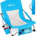 AKSOUL Folding Beach Chair for Adults: Low/High Back Chairs with Carry Bag - Extra Wide Seat Chair with Comfortable Pillow & Storage Pocket (1 Pack, Blue)