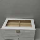 Voova Jewelry Box Organizer for Women Girls, 3 Layer PU Leather Jewelry Storage Case with Glass Lid & 2 Drawers, Large Jewellery Display Holder for Necklaces Rings Earrings Bracelets, White