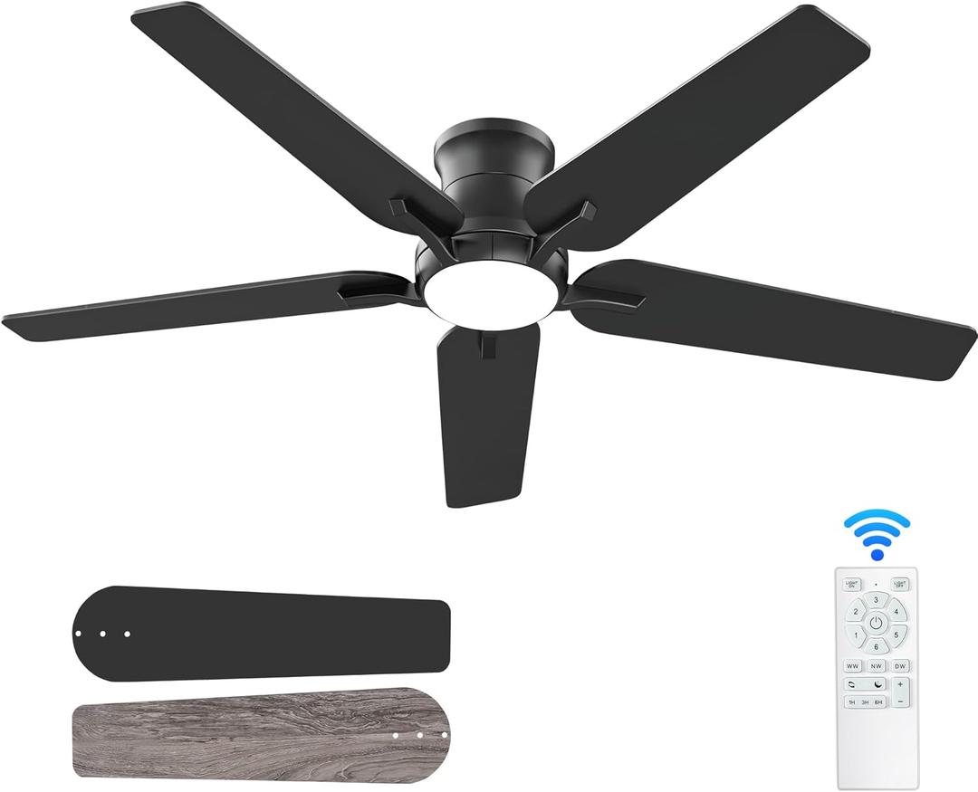 52 Inch Black Ceiling Fans With Lights and Remote, Flush Mount Low Profile Ceiling Fan for Bedroom, Living Room, Patio, Dimmable 6 Speeds Noiseless Reversible, ETL Listed