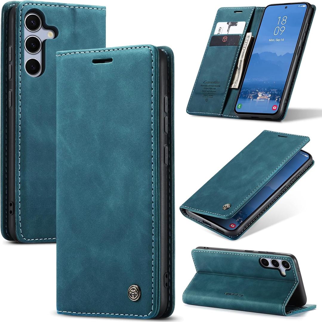 for Samsung Galaxy S25 Case, Flip Wallet Leather Case with Card Holder Magnetic Closure Shockproof Kickstand Protective Phone Cases Cover for Galaxy S25, Blue-Green