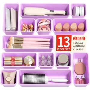 Canfanni 13 Pack Plastic Drawer Organizers Set, 3 Sizes Desk Drawer Organizer Trays for Vanity and Makeup Organizer, Organization and Storage for Makeup, Kitchen Utensils, Bathroom and Office(Purple)