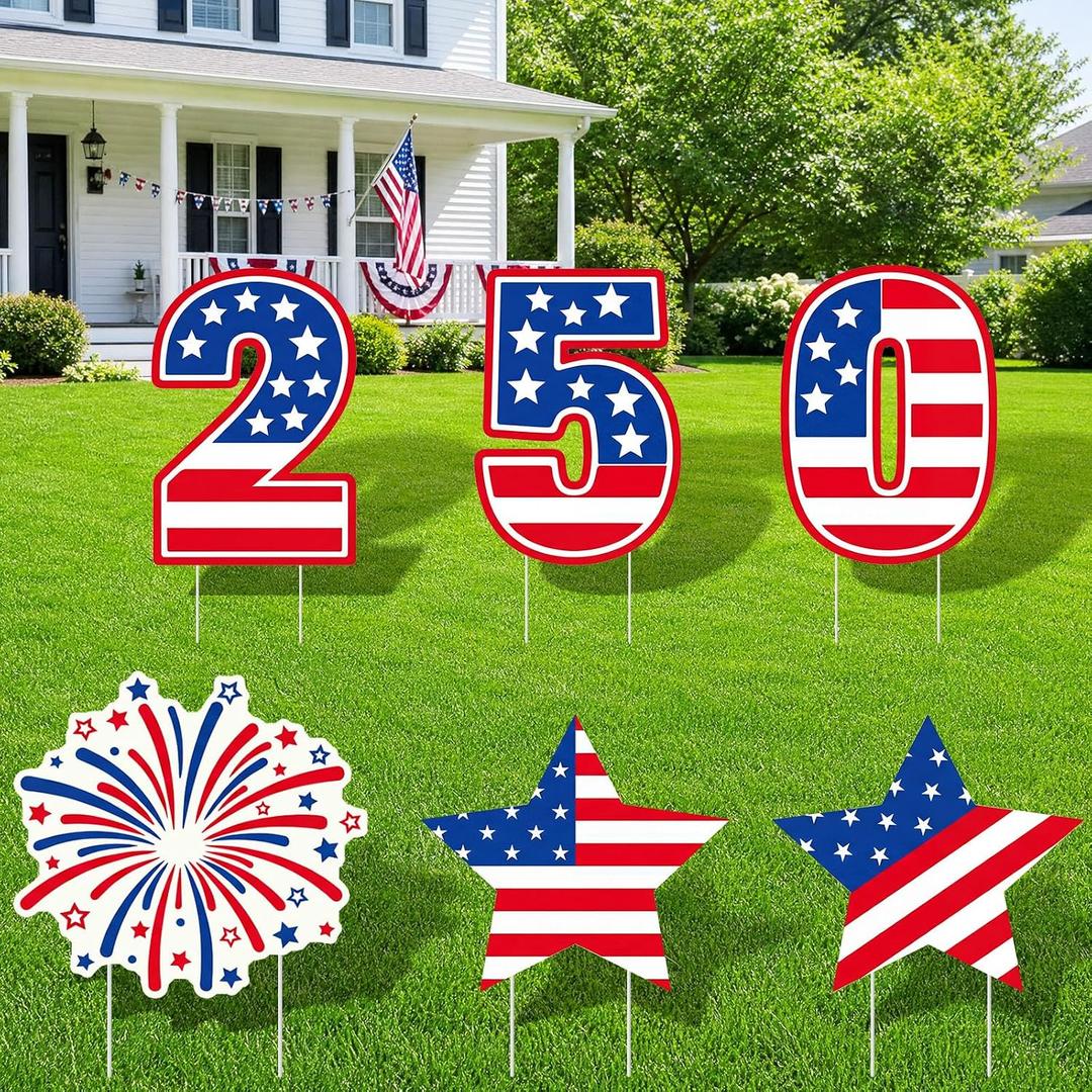 Fuutreo 6 Pcs 250th Anniversary Yard Sign with Stakes Semiquincentennial 4th of July Outdoor Decoration USA Flag Sign for 1776-2026 Patriotic 250th Birthday Independence Day Lawn Decor