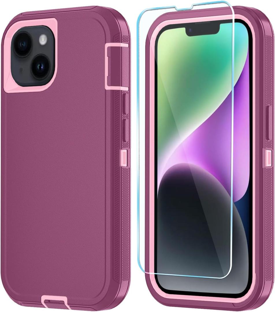 Phone Case for iPhone 14 Plus Case with HD Screen Protector, Heavy Duty Shockproof & DustProof & Dropproof 3-Layer Cover Phone Case for iPhone 14 Plus (6.7'')(WineRedPink)