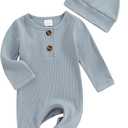Infant Boys Girls Clothes Set Newborn Baby Romper Hat Ribbed Knit Long Sleeve Button Solid Bodysuit Jumpsuit, 0-6M