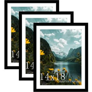 Picrit 14x18 Picture Frame 3 Pack, Black Poster Frame, Display Poster 12 x 16 with Mat or 14 x 18 without Mat for Horizontal or Vertical Wall Mounting.