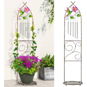 Plant Stands with Garden Trellis, 48 Metal Standing Wind Chimes Plant Pot Trellis with Hummingbird for Garden Patio Backyard Climbing Plants Outdoor Decor