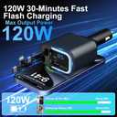 5-in-1 120W 30-Minutes Fast Flash Charging Retractable Car Charger, Wireless Bluetooth FM Transmitter, Type-C+USB-A Car Charger Adapter, Compatible with iPhone 17/16/15/14/13 Pro Max & Android Devices