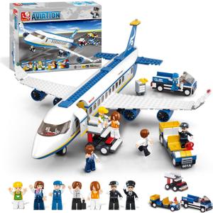City Passenger Airplane Building Set for Boys 6+ 8+ 12+, City Plane Airport Playset with a Large Aircraft, Passenger Bus, Luggage Truck, Container Loader, 7 Minifigures, Compatible with Lego City