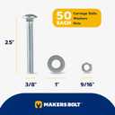 3/8" x 2-1/2" (50 Pack) Zinc Carriage Bolt Kit, Grade 307A by Makers Bolt