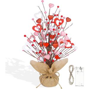 Valentines Day Decorations with Lights, 20 Inch Valentine Tree with Glittered Red Pink Heart-Shaped Berries, Valentine's Table Decorations for Home Office Party, Decor for Mantle Entryway