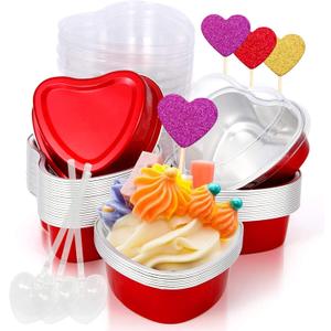 Heart Shaped Cake Pans Valentines Aluminum Mini Cake Pans with Lids for Baking 30 Packs 3.4 Ounces Disposable Cupcake Cup Pan Baking Pans for Valentine Mother's Day Wedding Birthday Baking Supplies (Red)