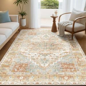 Kokia Washable Area Rugs Boho Thin Non Slip Stain Resistant Vintage Orange Printed Carpet Oriental Foldable Distressed 4x6 Rug for Living Room Bedroom Indoor House (Orange/Cream/Affogato/Gray)