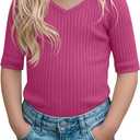 Toddler Girls Short Sleeve Shirt Cotton Ribbed Slim Fit V Neck Elbow Length Casual Soft Basic Top Kids Summer Tee (Red)