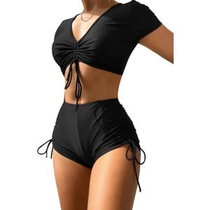 Lilosy High Waisted Tummy Control Drawstring Bikini Set Srting Swimsuit Short Sleeve Top and Tie Side Shorts 2 Piece (X-Large, Shorts Black)