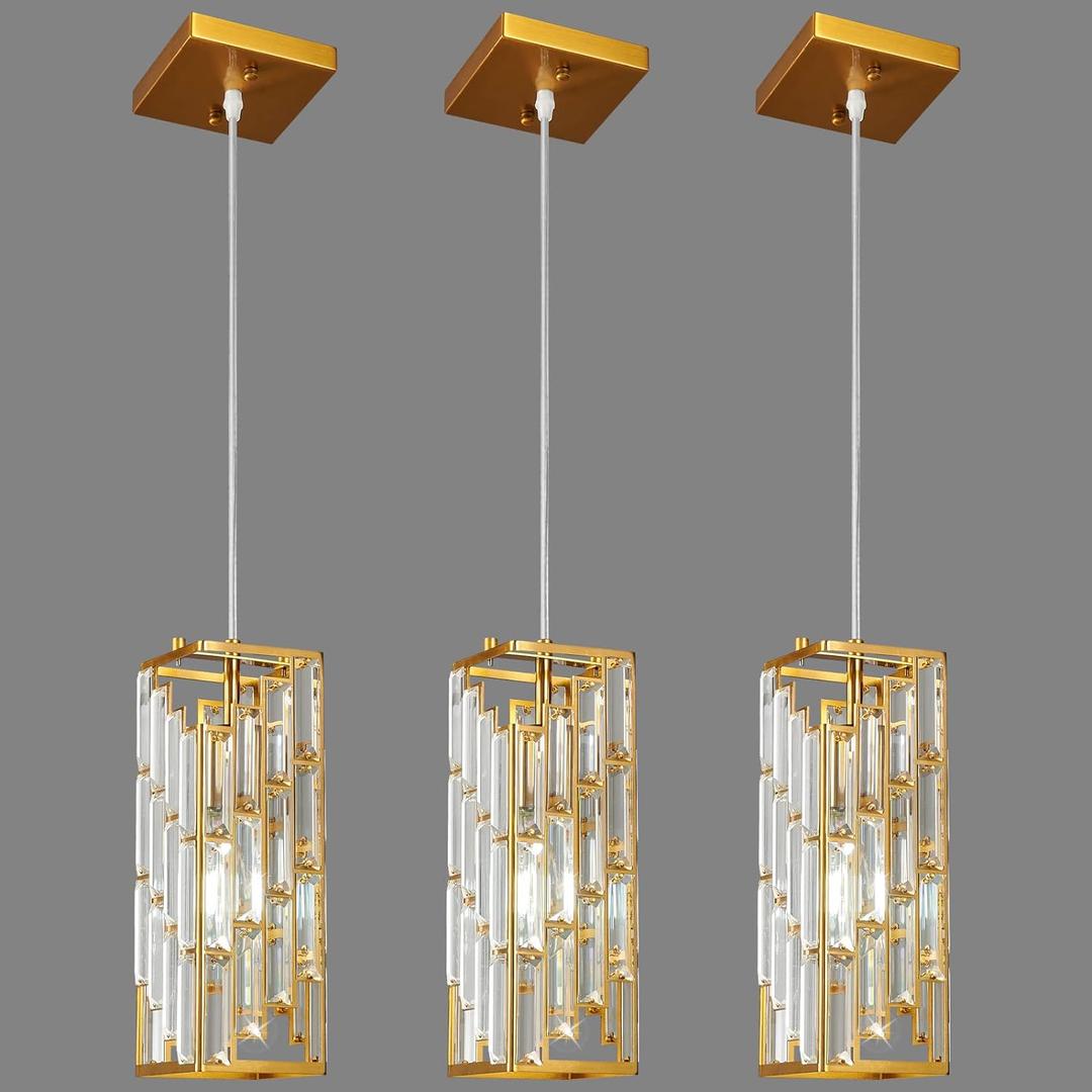 Gold Pendant Lighting Modern Pendant Light, Mini Crystal Chandeliers,Adjustable Pendant Light Fixture for Kitchen Island Dinning Room Bedroom (3 Pack)