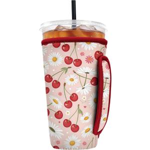 Reusable Insulated Neoprene Iced Coffee Sleeve with Handle, Coffee Cup Holder for Hot & Cold Drinks, Universal Fit 1632oz Cups, Bottles & Tumblers - Cherry Blossom, Large