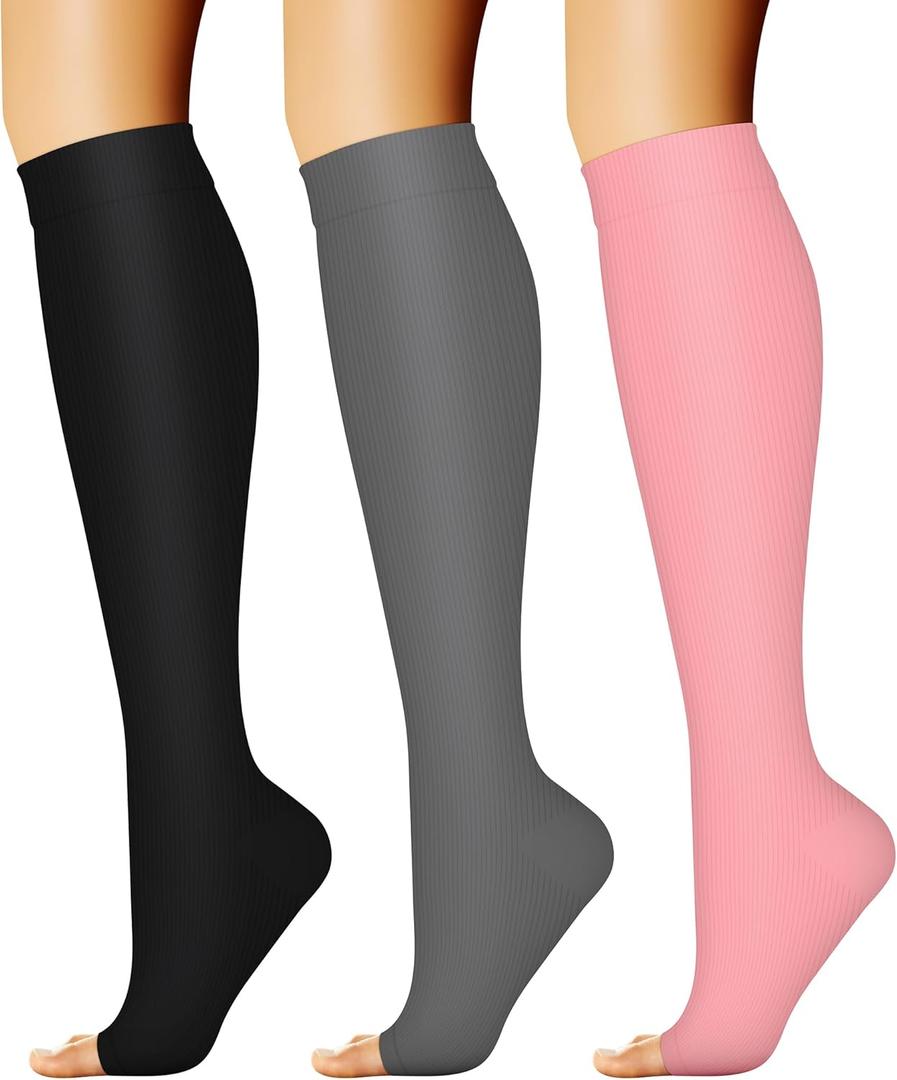 CHARMKING 3 Pairs Open Toe Compression Socks for Women & Men Circulation 15-20 mmHg is Best Support for All Day Wear (Large-X-Large, 07 Black/Grey/Pink)