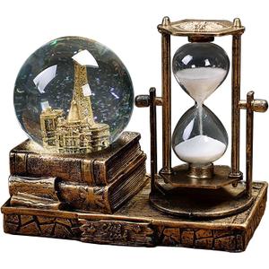 LED Music Snow Globe with Hourglass Vintage Castle Paris Eiffel Tower Home Decoration for Living Room Bedroom Book Shelf TV Cabinet Desk Table Top Decor Centerpieces Ornaments (B  Brass)