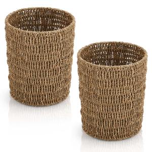 Havawish 2 Pcs Seagrass Wicker Waste Basket Handwoven Woven Trash Can 1.8 Gallons Boho Wicker Wastebasket Round Natural Wastebasket Garbage Bin for Bedroom Offices Home Decoration, Natural Color