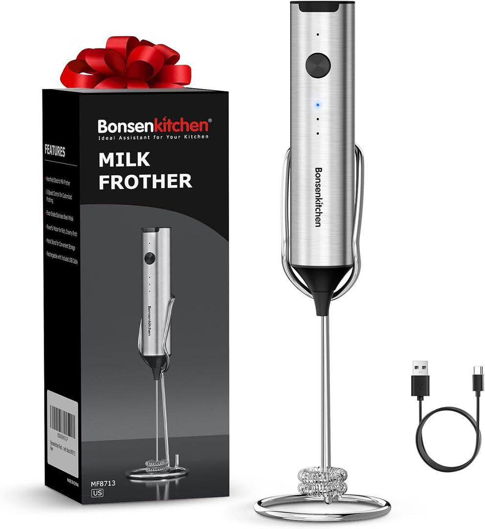 Bonsenkitchen Rechargeable Milk Frother with Stand, Handheld 3-Speed Coffee Frother, Dual Spring Whisk Electric Hand Frother Wand Drink Mixer for Matcha Lattes Cappuccino, Kitchen Gifts (Silver)