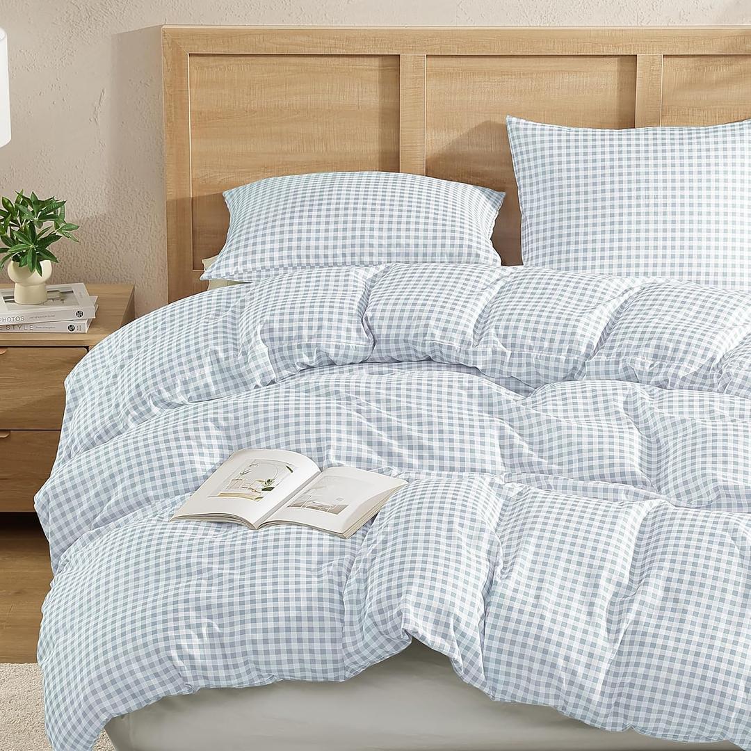 Andency Gingham Duvet Cover Queen Size, Blue Checkered Plaid Bedding Set, 3 Pieces Soft Prewashed Polyester Comforter Cover with Zipper Closure & Corner Ties