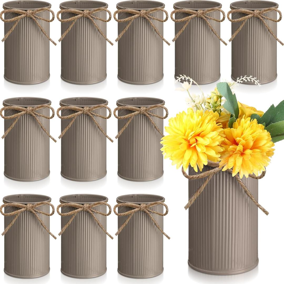 Domensi 4.33 Inch Petite Farmhouse Vase Decor Vintage Flower Vase with Twine Bow Rustic Galvanized Metal Buckets for Artificial Flowers for Table Centerpiece Weddings(Brown,12 Pcs)