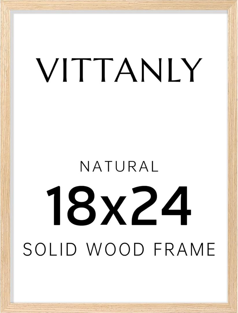 Vittanly 18x24 Picture Frame, Solid Wood Frame with Plexiglass, Includes 16x20 Mat, Wall Hanging for Photos, Home Decor, Natural, 1 Pack